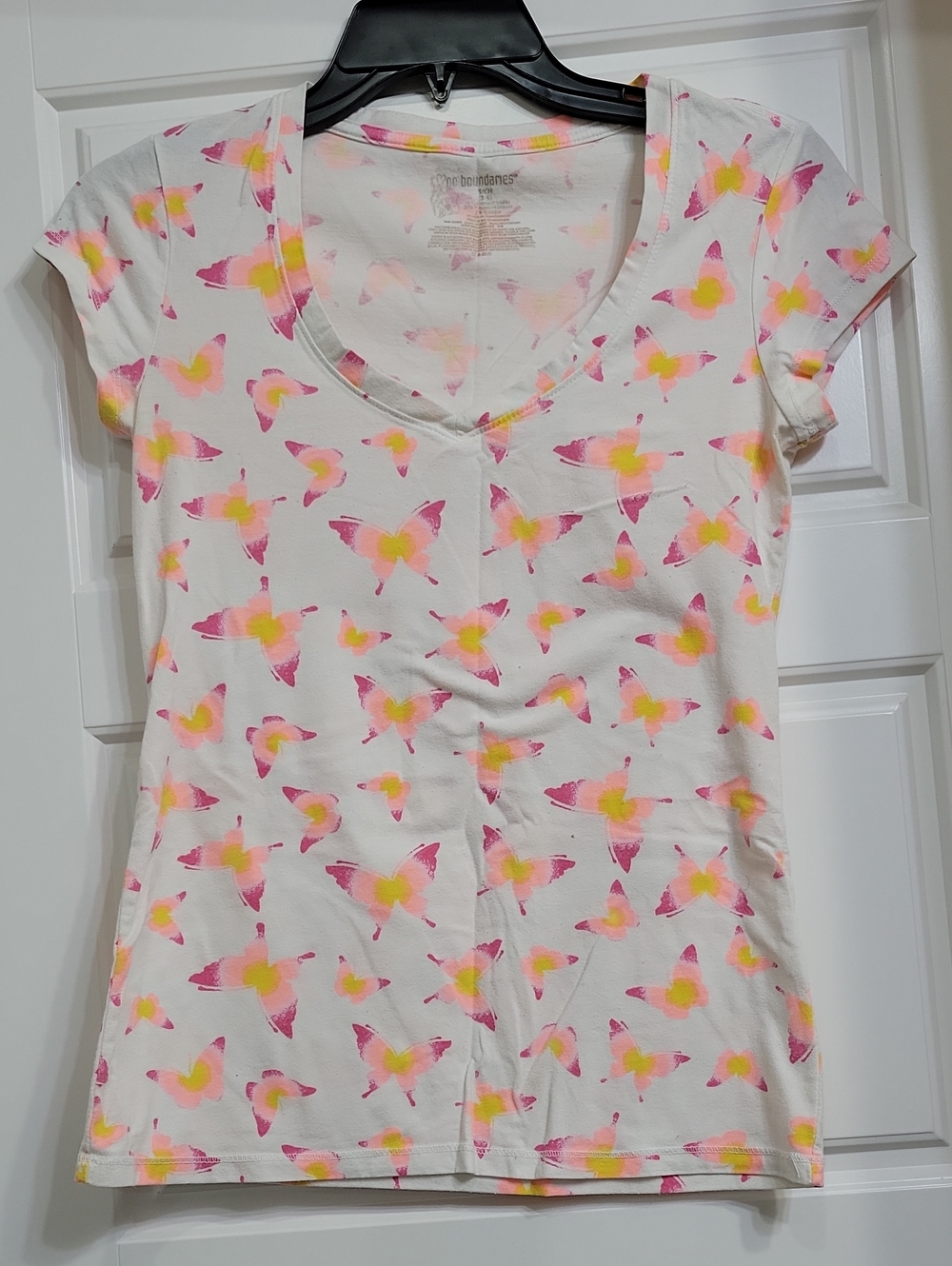 White V-Neck Tee with Pink & Yellow Butterfly Motif
